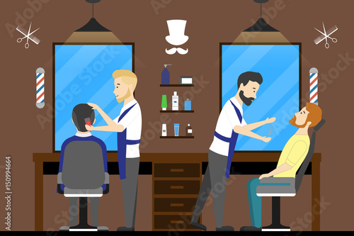 Barbershop salon inside. Male hairdressers with visitors. Styling beard. Chairs with mirrors.