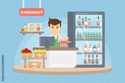 Cashier in supermarket. Checkout with man in uniform and grocery.