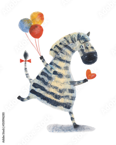 Zebra with balloons and heart. Watercolor illustration. Hand drawing
