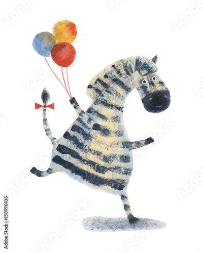 Zebra with balloons. Watercolor illustration. Hand drawing