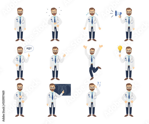 Doctor emoji set on white background. Happiness and anger.