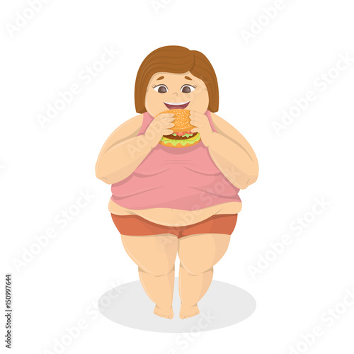 Isolated smiling fat woman with burger on white background.
