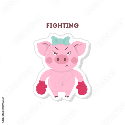 Ready to fight pig. Isolated cute sticker on white background.