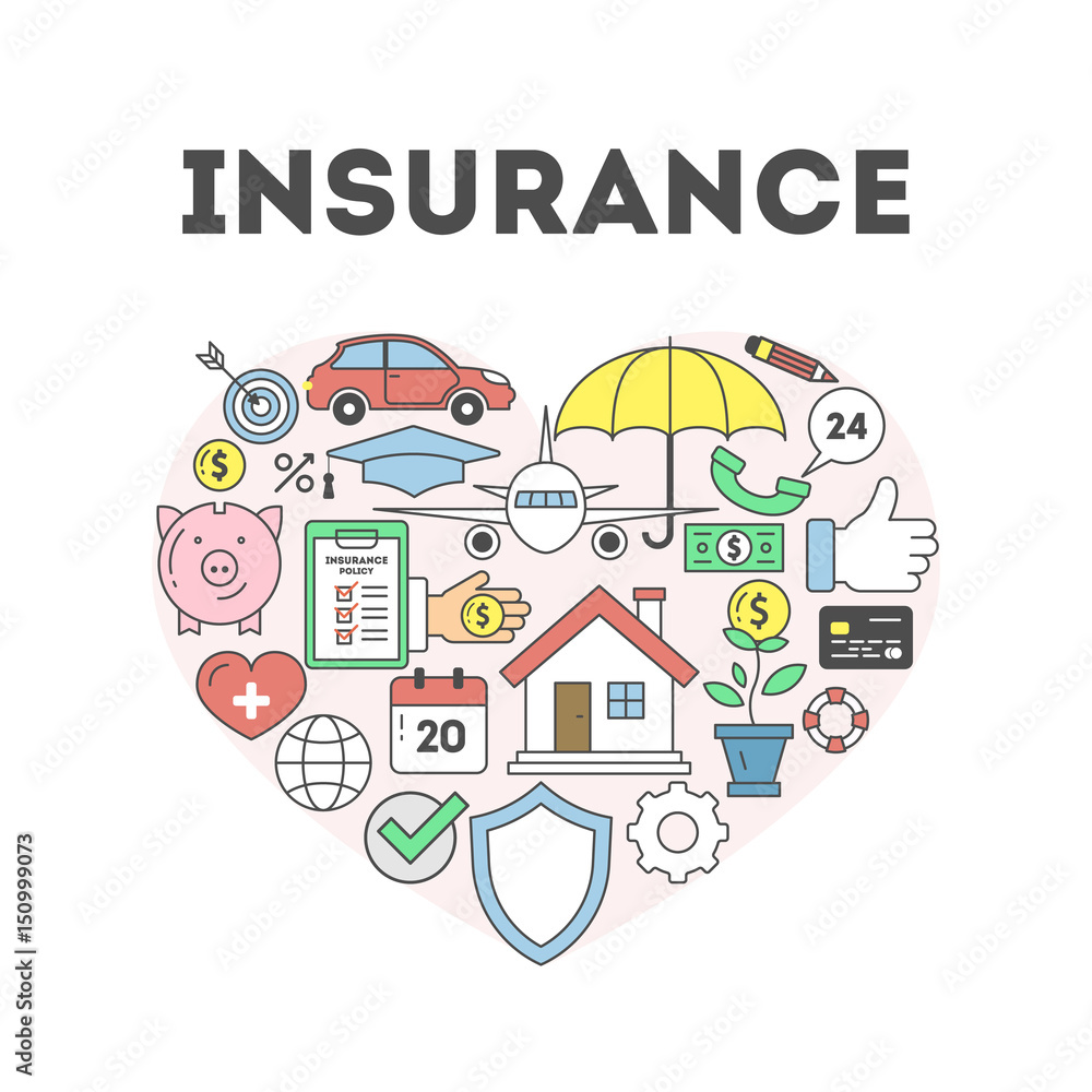 Insurance concept illustration. Signs and icons om white background. Heart-shaped. Insurance concept illustration. Signs and icons om white background. Heart-shaped.