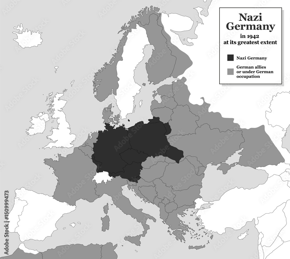 Fototapeta Nazistowskie Niemcy w największym stopniu podczas II wojny światowej w 1942 r. - z niemieckimi sojusznikami i państwami pod niemiecką okupacją. Historyczna czarno-biała mapa Europy z dzisiejszymi granicami państwowymi.