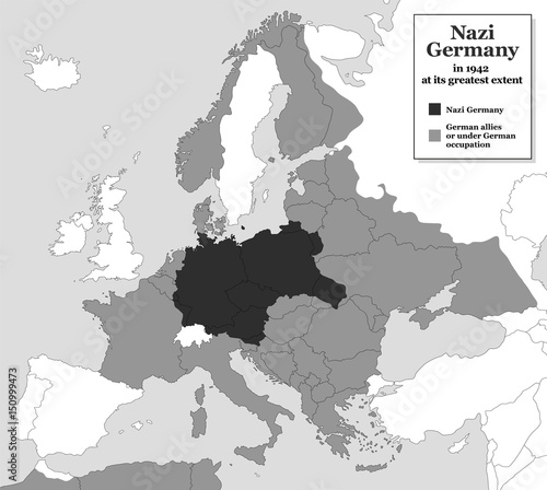 Fototapeta Nazistowskie Niemcy w największym stopniu podczas II wojny światowej w 1942 r. - z niemieckimi sojusznikami i państwami pod niemiecką okupacją. Historyczna czarno-biała mapa Europy z dzisiejszymi granicami państwowymi.