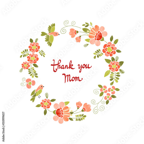 Happy Mother's Day greeting card with an Embroidery floral frame and handwritten calligraphy. Embroidery floral wreath 