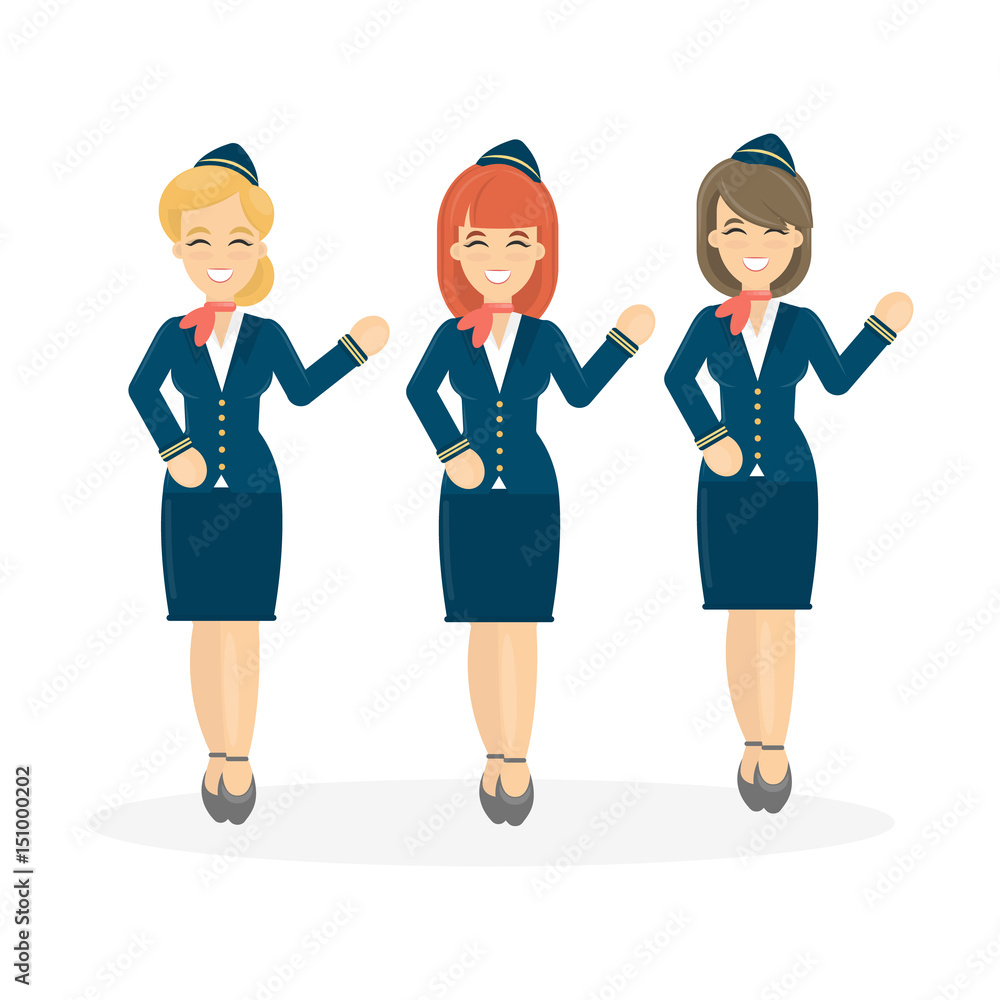 Stewardesses crew on white background. Flying attendant crew. Stewardesses crew on white background. Flying attendant crew.