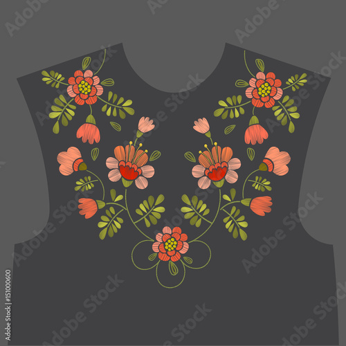 Embroidery ethnic neckline floral pattern. Embroidery trendy design.
