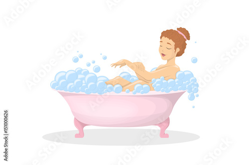 Woman in bath tub. Taking the bath in foam and soap.