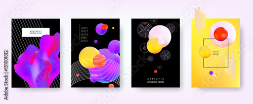 Abstract vector backgrounds in trendy hipster style with blurry fluid 3d shapes and elements of memphis style. Template A4 for design poster, banner, flyer, cover, placard, magazine, book