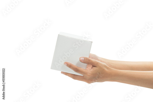 hand holding white box isolated on white background. (transportation concept)
