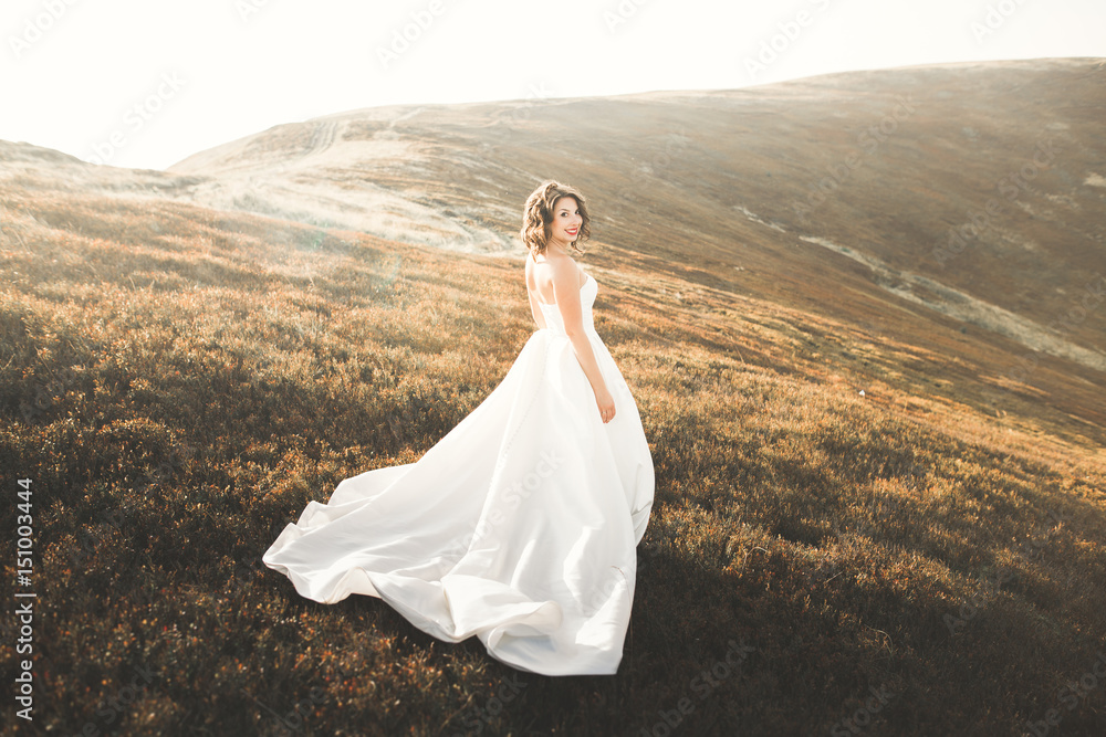 Happy beautiful bride outside on a summer meadow at the sunset with perfect view