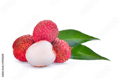 lychee with leaves isolated on white background