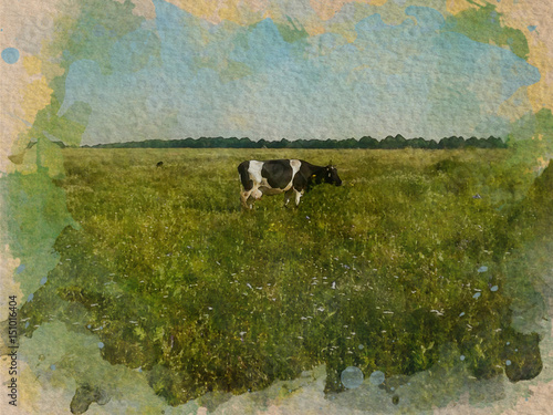 Watercolor pattern of a grazing cow at the field colorful illustration