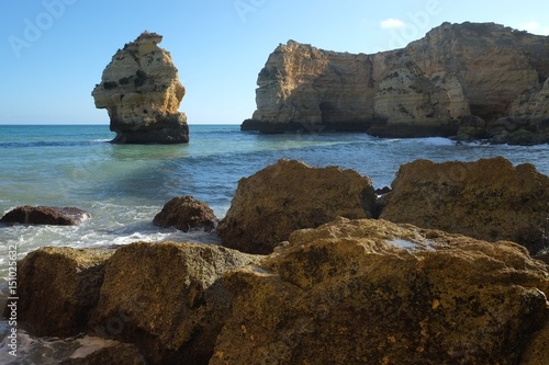 Marinha beach with its beautiful cliffs scenery in Lagoa. Algarve, Portugal