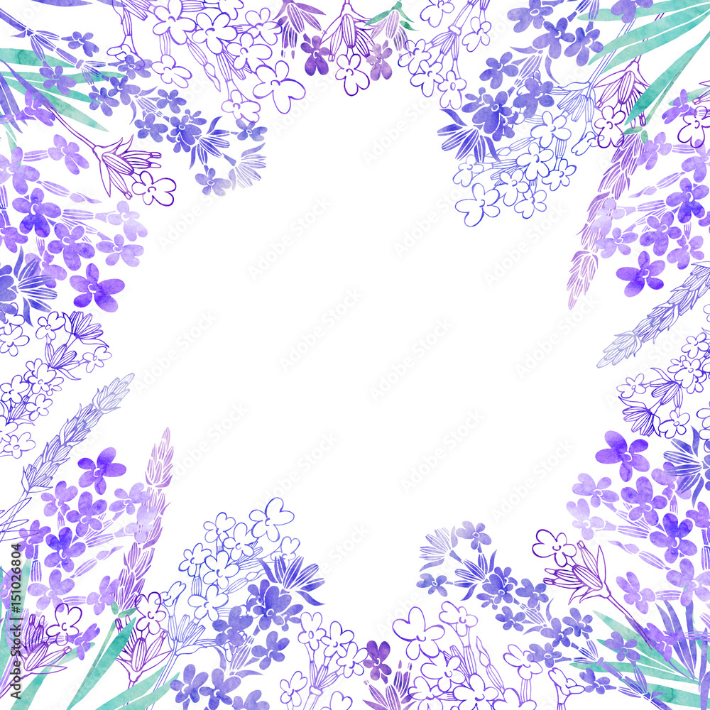 Watercolor lavender flowers on a white background. Round floral frame. Invitation, greeting card or an element for your design. Watercolor lavender flowers on a white background. Round floral frame. Invitation, greeting card or an element for your design.