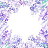  Watercolor lavender flowers on a white background. Round floral frame. Invitation, greeting card or an element for your design.