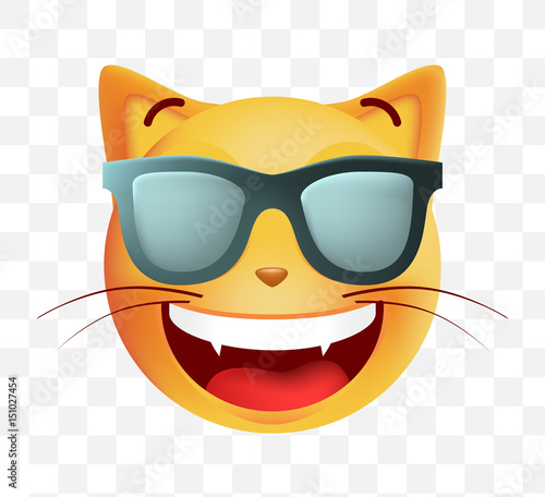 Cute Very Happy with Sunglasses Emoticon Cat on White Background. Isolated Vector Illustration 