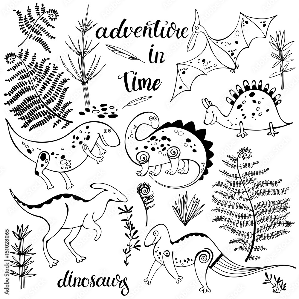 Dinosaurs and ancient plants, isolated elements for design on a white background. Vector set, hand drawn illustration. Dinosaurs and ancient plants, isolated elements for design on a white background. Vector set, hand drawn illustration.