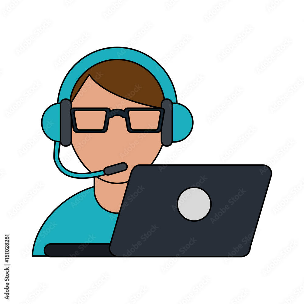 color image cartoon half body man customer service with laptop and headphones vector illustration color image cartoon half body man customer service with laptop and headphones vector illustration