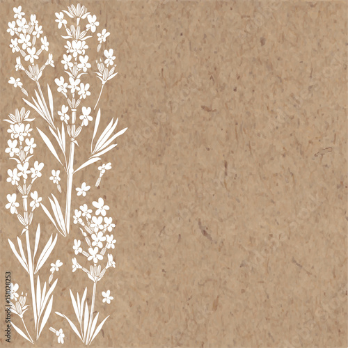 Floral background with  lavender flowers and place for text. Vector illustration on a kraft paper. Invitation, greeting card or an element for your design.