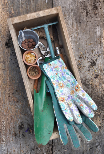 gants de jardinage et outils dans une boîte sur planche en bois