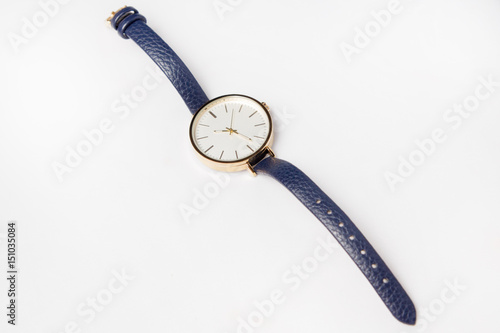 quartz watch on a blue leather strap