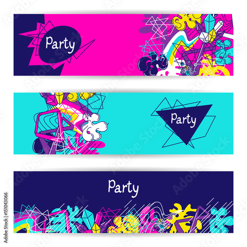 Trendy colorful banners crazy party. Abstract modern color elements in graffiti style