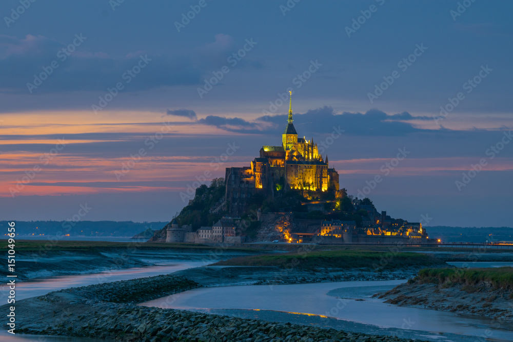 .Idyllic Sunset at Mont Saint-Michel Abbey, Normandy, France, Western Europe .Idyllic Sunset at Mont Saint-Michel Abbey, Normandy, France, Western Europe