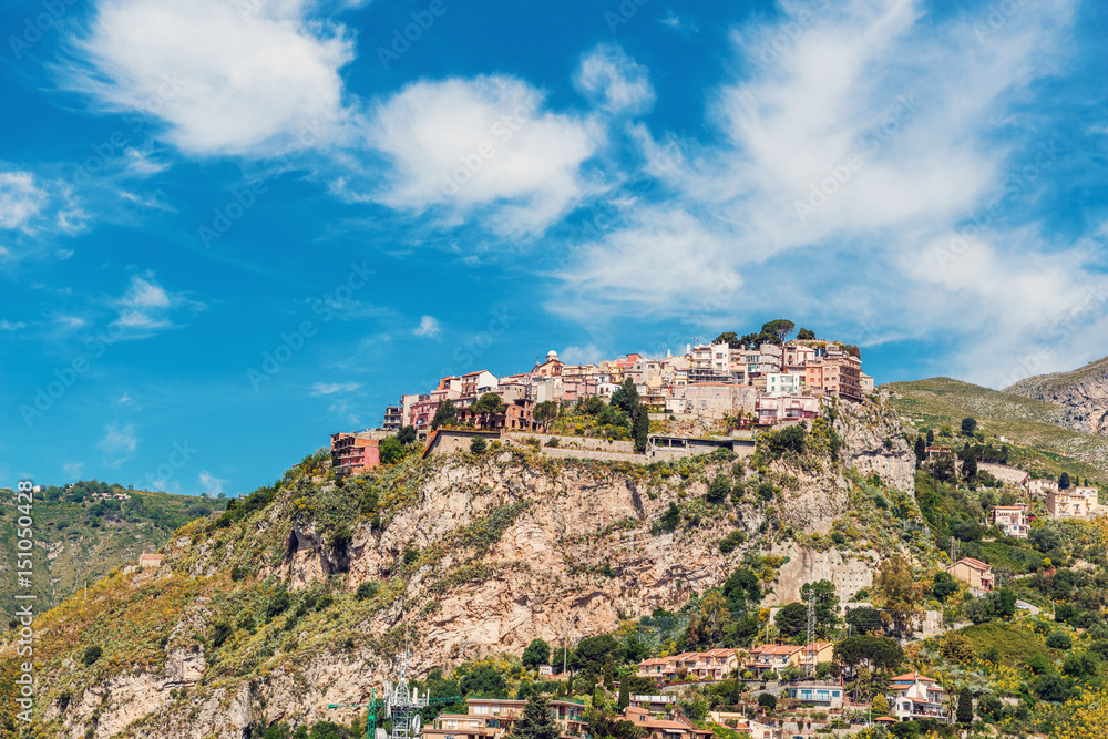 Castelmola village as seen from Taormina, Sicily