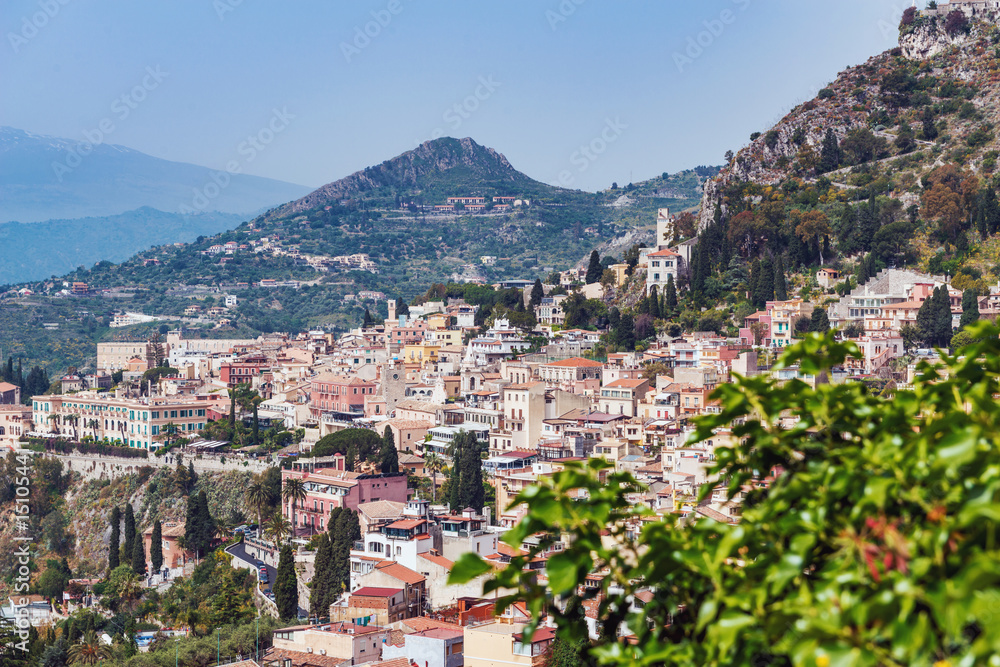 Cityscape of Taormina with Etna, Sicily, Italy