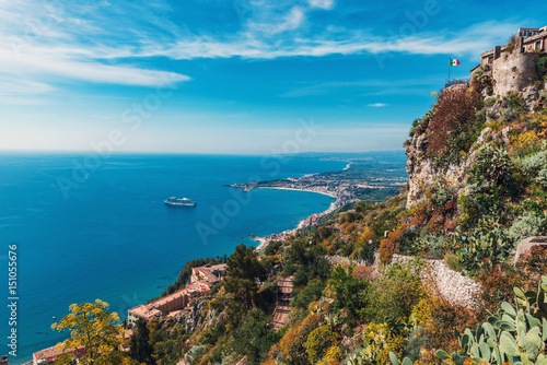 Hilltop church and sea  Taormina  Sicily  Italy