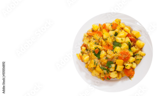 stewed vegetables. zucchini, peppers, onions, carrots, potatoes. top view. isolated on white