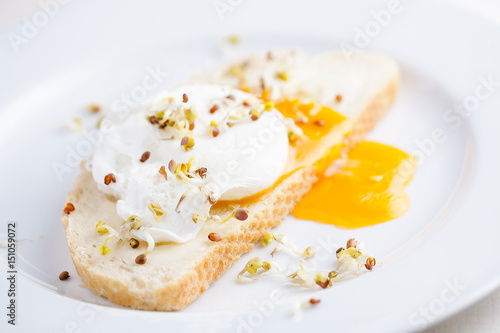 Benedict egg on white bread with sprouts on a white plate