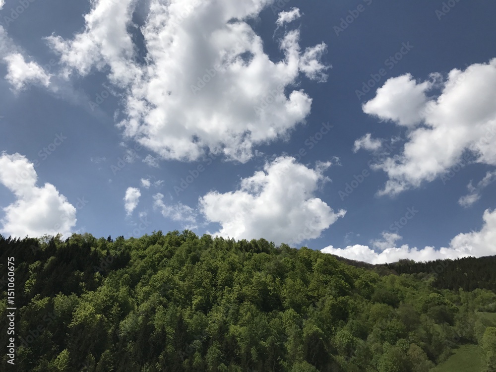 Mountains with green trees under a sky with clouds, during spring. Mountains with green trees under a sky with clouds, during spring.