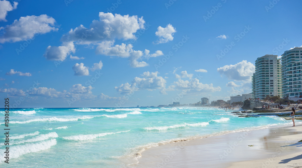 Mexican Beaches in Cancun / Main beach at Hotel Zone of Cancun between 