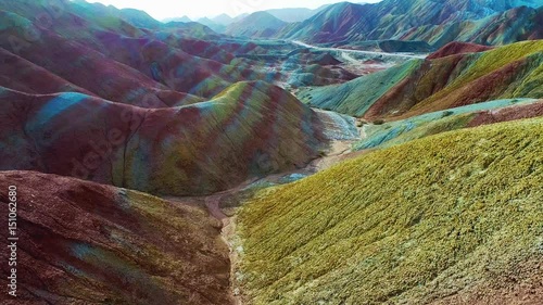 Aerial view on the colorful rainbow mountains of Zhangye danxia landform geological park in Gansu province, China, May 2017