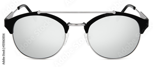 silver and black sunglasses argent mirror lenses isolated on white background