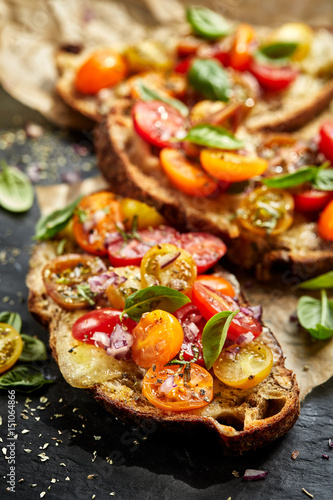 Φωτογραφία Tomato bruschetta with grilled homemade bread with cheese and fresh herbs