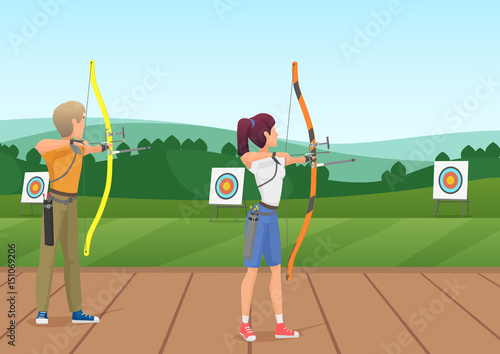 Man and woman standing with bows and aiming to the target vector illustration.