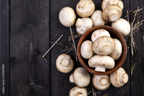 Fresh white mushrooms champignon in brown bowl on dark wooden background. Top view. Copy space.