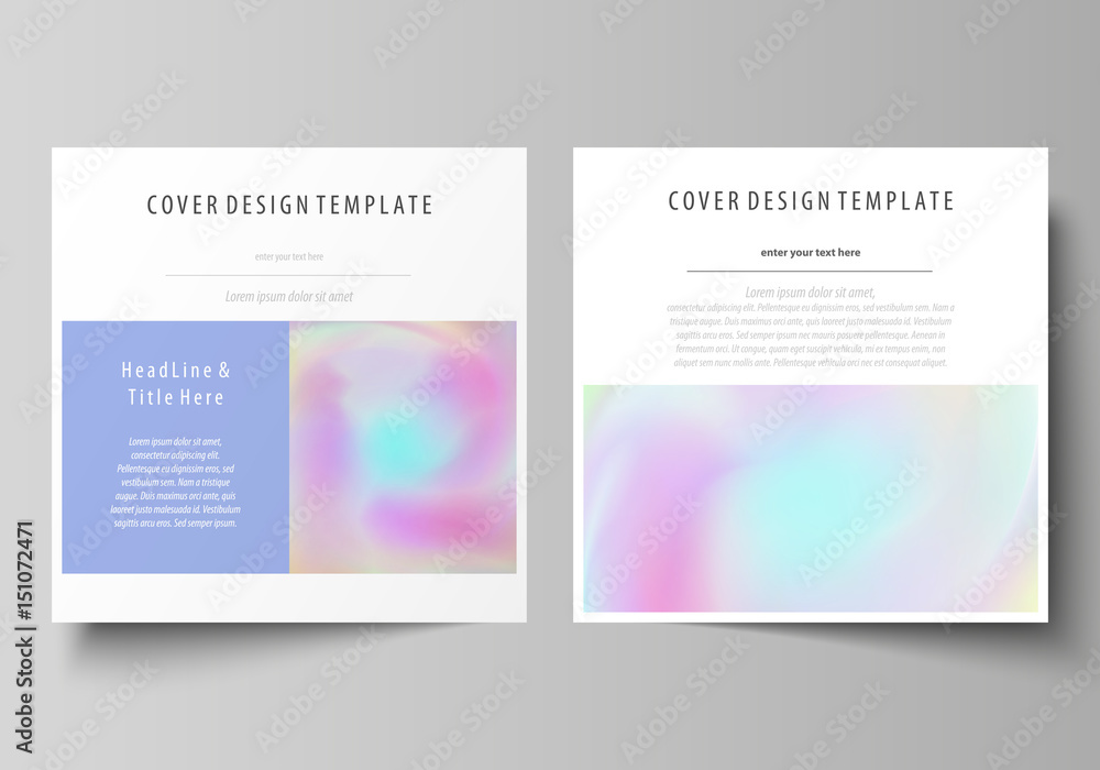 Business templates for square design brochure, flyer. Leaflet cover, abstract vector layout. Hologram, background in pastel colors with holographic effect. Blurred colorful pattern, surreal texture.