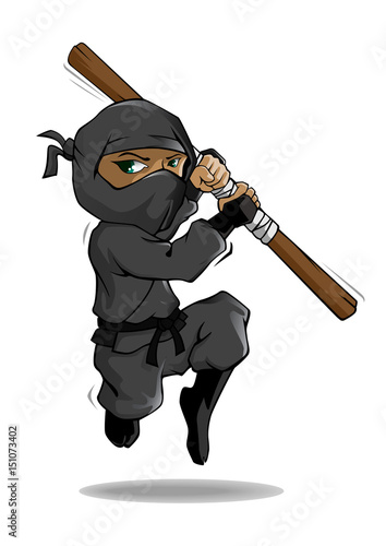 A cartoon ninja in action with stick. Vector mascot illustration. A Nicely designed Ninja character mascot, perfect for web designer, graphic designer, any casual company & even.