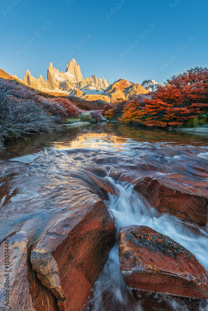 Fitz Roy mountain near El Chalten, in the Southern Patagonia, on the border between Argentina and Chile. Dawn autumn view from the track.