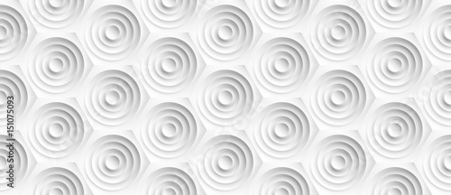 Volume realistic embossing texture, circles сut in honeycomb, white background, 3d geometric seamless pattern, design vector wallpaper