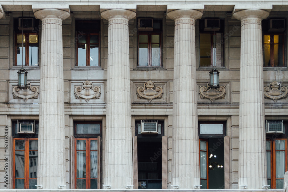 Columns and classic windows in building of the Supreme Court of Justice in Buenos Aires