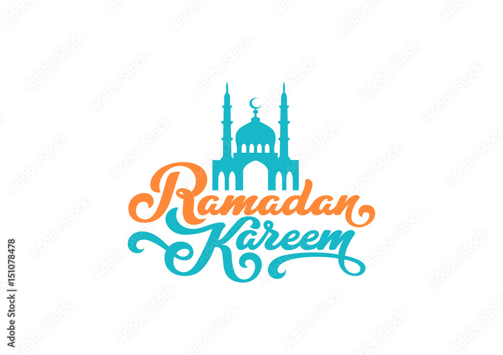 Ramadan Kareem text Vector Lettering greeting card design template..Vintage retro calligraphic typography poster with Moon and Mosque. Ramadan Kareem text Vector Lettering greeting card design template..Vintage retro calligraphic typography poster with Moon and Mosque.