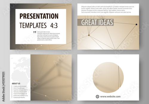 Set of business templates for presentation slides. Abstract vector layouts in flat design. Technology, science, medical concept. Golden dots and lines, cybernetic digital style. Lines plexus.