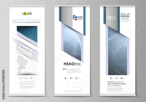 The minimalistic vector illustration of the editable layout of roll up banner stands, vertical flyers, flags design business templates. World globe on blue. Global network connections, lines and dots.